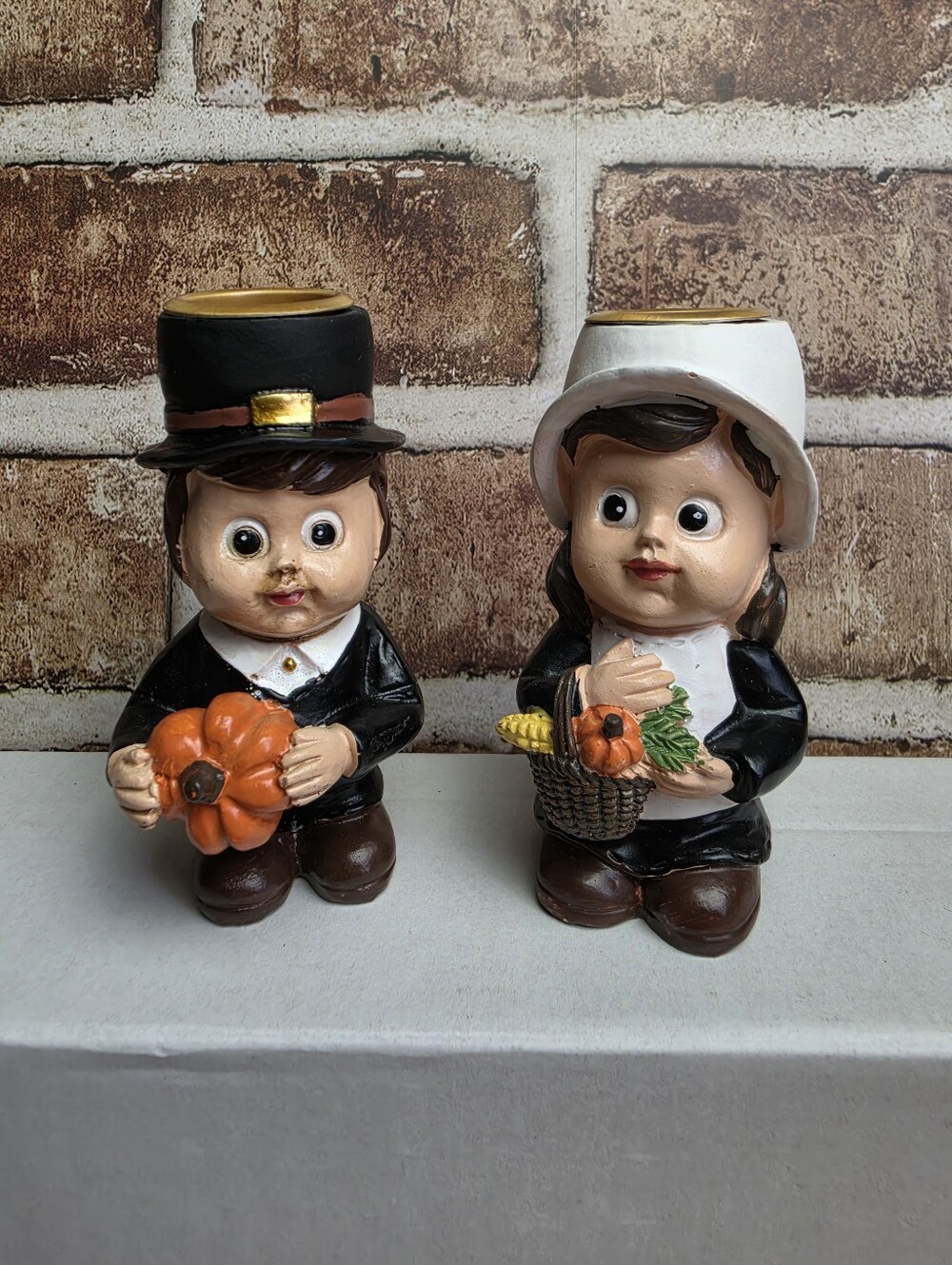 Thanksgiving Candle Holders Set of 2 ~ Mr. and Mrs. Pilgrim Fall Harvest 4"